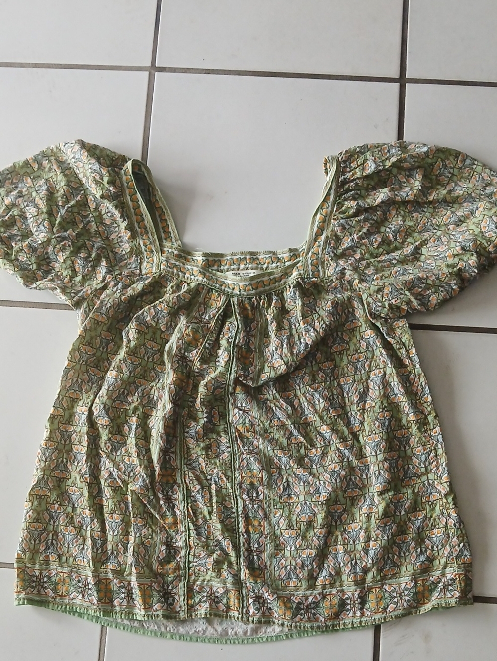 Max Studio Green Floral Square-Neck Puff Sleeve Blouse